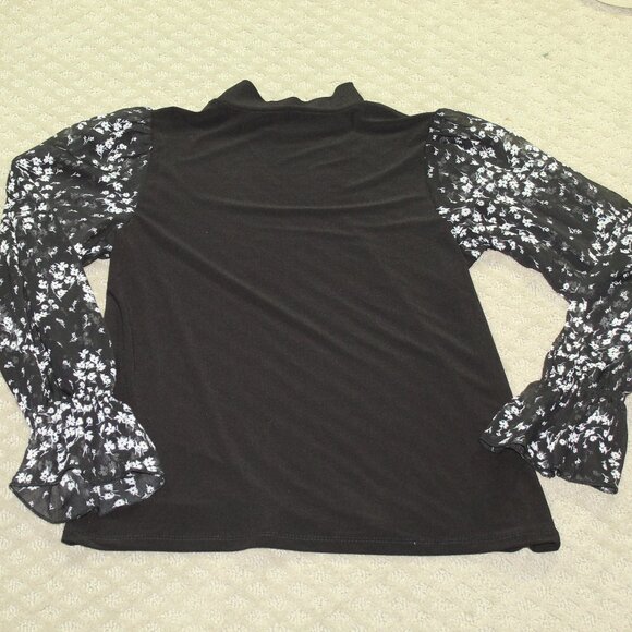 Cece Women's Small Black Stretchy Top with Flowy Black White Floral Long Sleeves - Picture 2 of 7